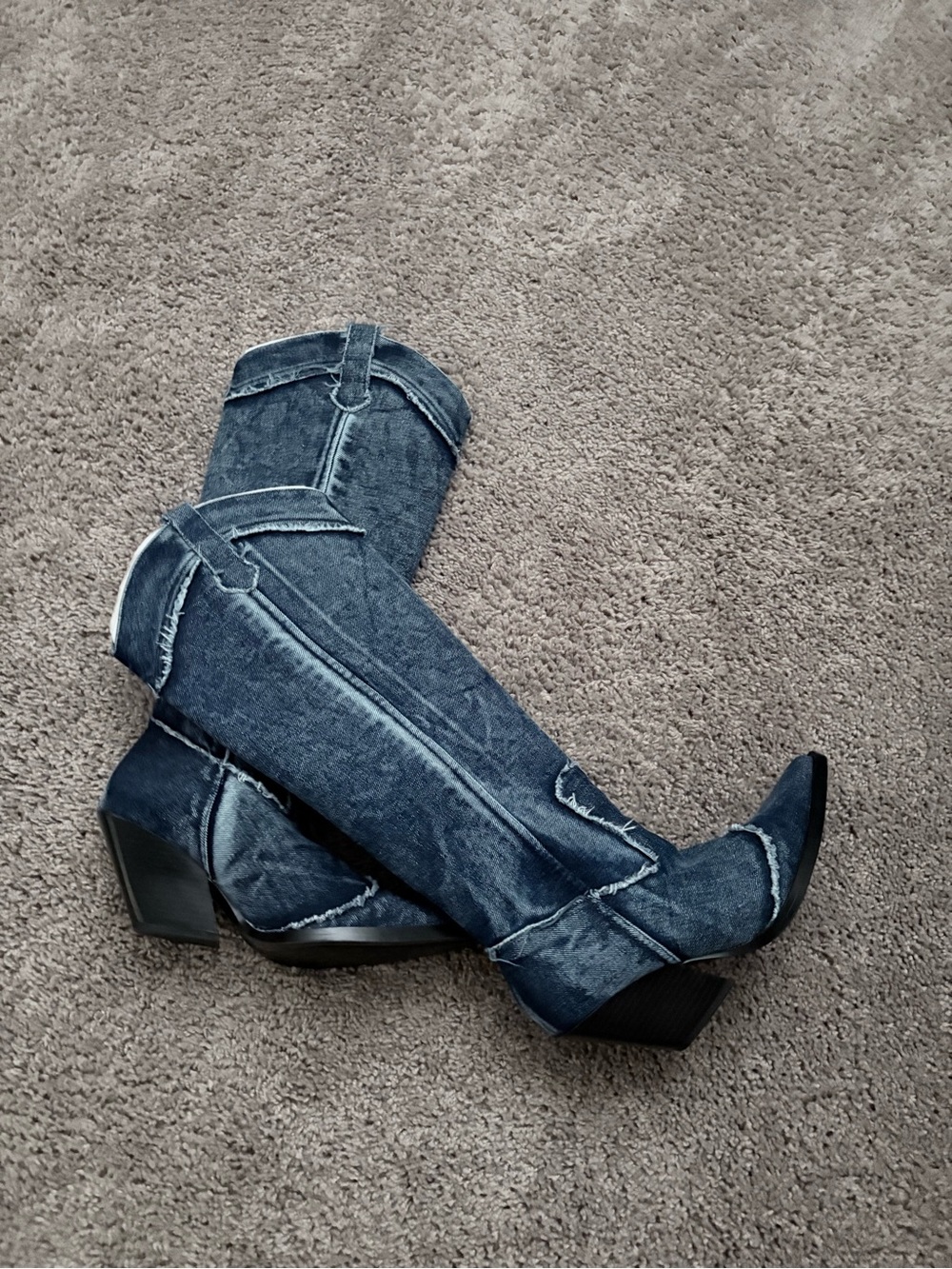 Zara Denim Over-the-Knee Block Heel Boots - Blue